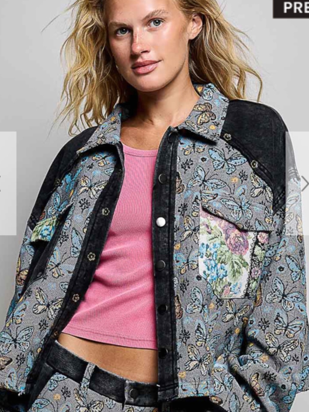 POL Floral Patchwork Quilted Jean Jacket in Gray, Black & Pink